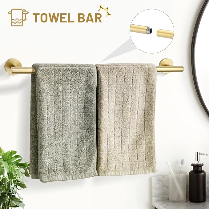 TURS Brushed Gold 5 Piece Bathroom Hardware Set, SUS304 Stainless Steel Bath Towel Bar Set, 23.6 Inch Round Bathroom Accessories Kit Wall Mounted