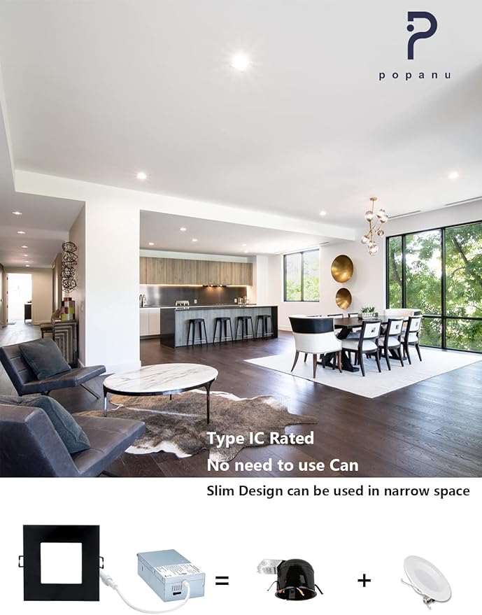 Recessed Lighting 4-inch Square-LED - Canless Recessed Light Fixture, Dimmable Ceilling Light with Junction Box, 2700|3000|3500|4000|5000K, 9W, Black, 6P