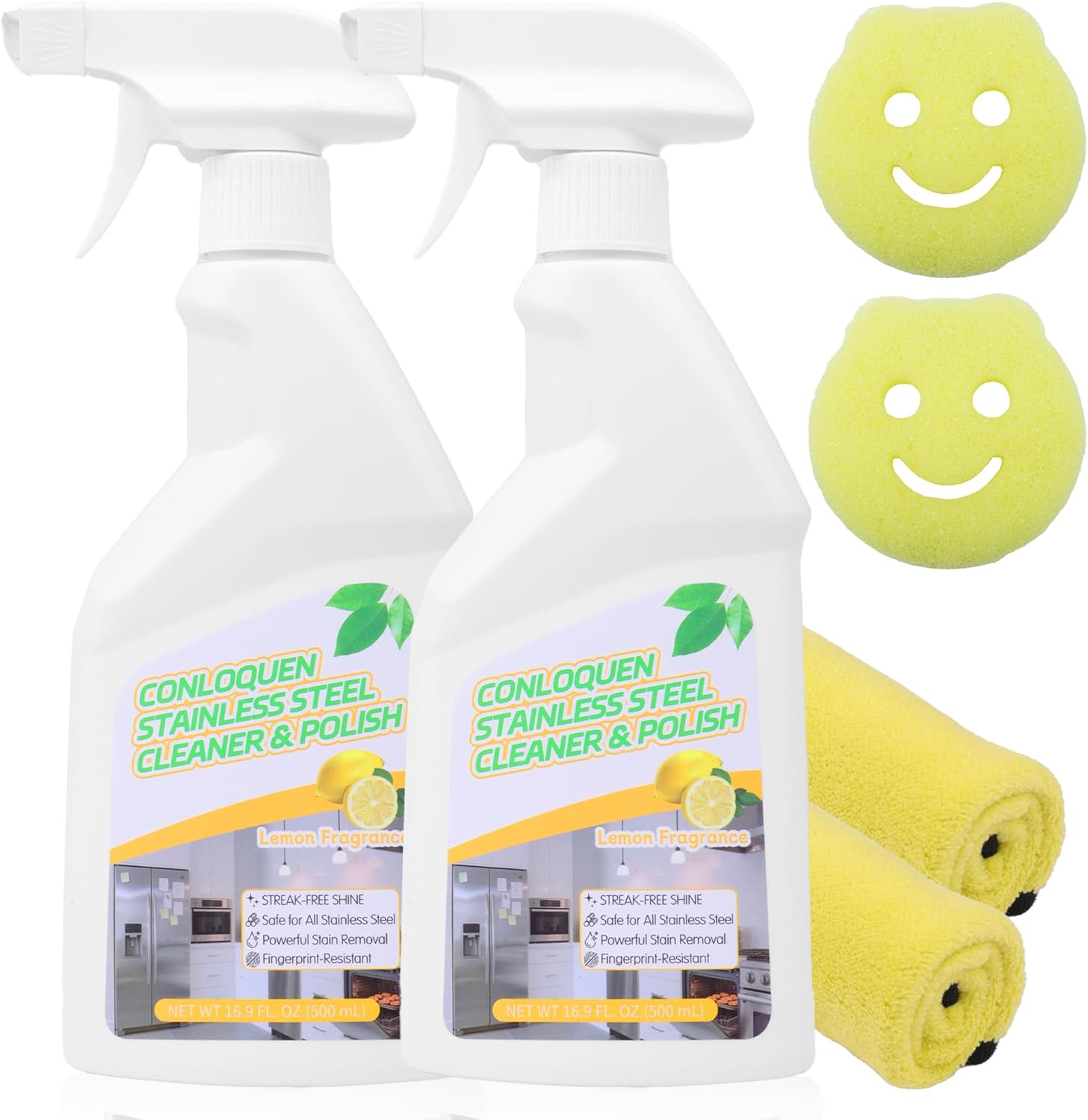 2-Pack Stainless Steel Cleaner Spray, Cleans & Polishes for Streak-Free Shine on Appliances, Range Hood, Sinks, Ovens, Refrigerators 33.8 Oz– Includes 2 Kitchen Sponges & 2 Mop Cloths, Lemon Scent