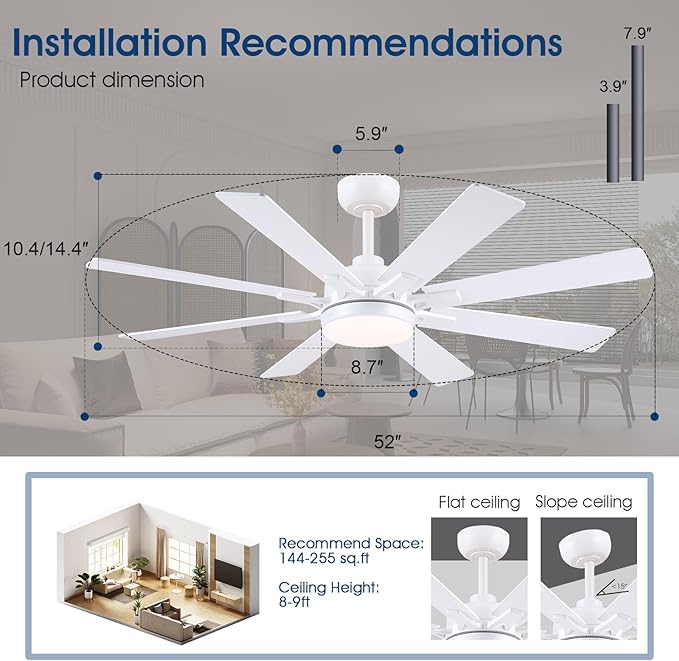 52 Inch Ceiling Fans with Lights and Remote/APP Control, Modern Ceiling Fan for Bedroom Living Room Patio Porch Indoor Outdoor, 6 Speeds, Reversible Quiet Motor, 8 Wood Blades, White