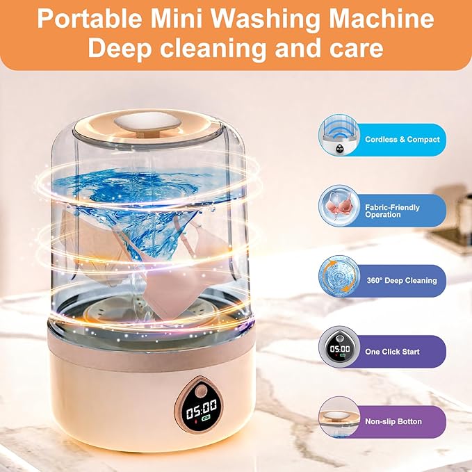 Portable Washing Machine, 1.5L Underwear Washer Rechargeable Cordless Makeup Sponges Cleaner Deep Clean Socks, Underwear, Baby Clothes, Washing Machine for Apartment, Dorm, Camping (Beige)