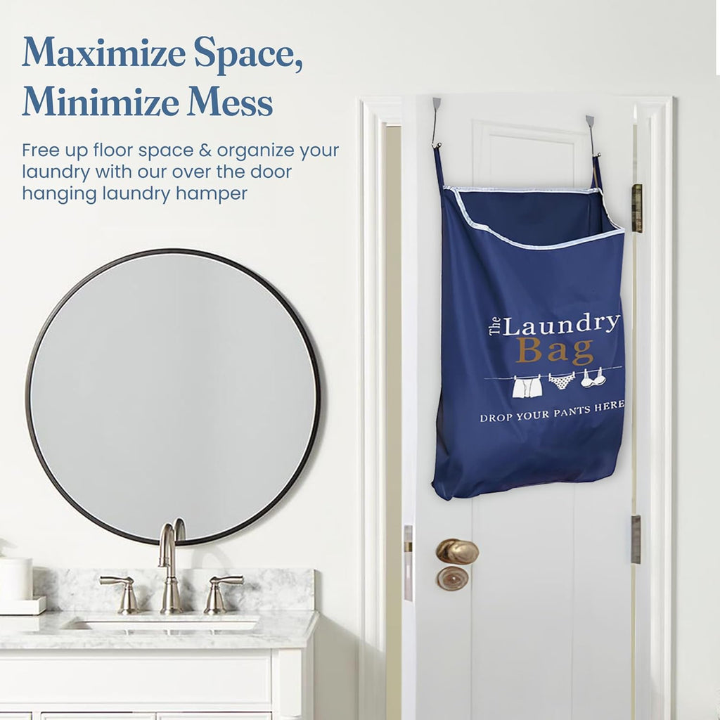 Fine Living Co. Large Hanging Laundry Hamper with Over Door Hooks & Adhesive, Durable Space Saving Laundry Bag with Zipper and Wide Open Top, Hanging Dorm Laundry Hamper (Navy Blue with Print-XL)
