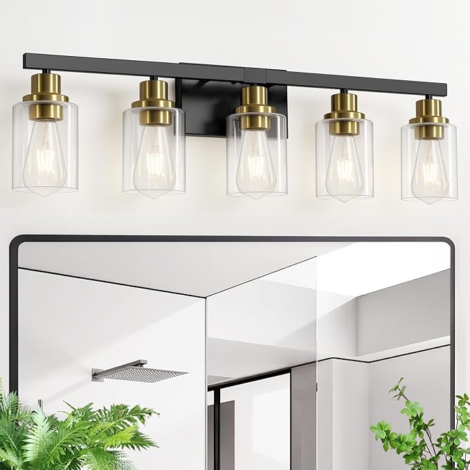 5-Light Black and Gold Bathroom Vanity Light, 30" Modern Vanity Lighting Fixture, Bathroom Light Fixtures, Wall Sconces with Clear Glass Shade, Black Bathroom Wall Light Over Mirror