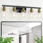 5-Light Black and Gold Bathroom Vanity Light, 30" Modern Vanity Lighting Fixture, Bathroom Light Fixtures, Wall Sconces with Clear Glass Shade, Black Bathroom Wall Light Over Mirror