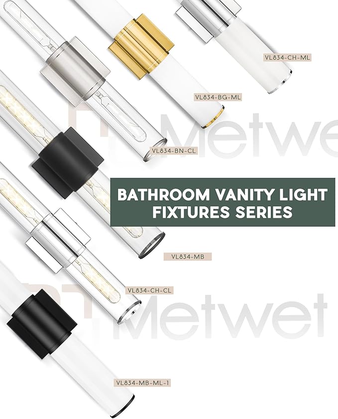 Bathroom Light Fixtures, Brushed Nickel Vanity Lights Over Mirror with Cleae Glass Shade, 2-Light Modern Wall Sconces Up and Down Wall Lamp for Bathroom Bedroom Hallway, VL834-BN-CH