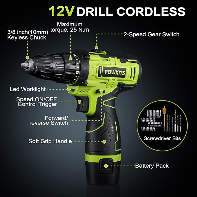 Cordless Drill Tool Set: 12V Power Drill Tool Kit with Battery & Charger, 142Pcs Home Hand Repair Tools Box, Portable Household Basic Drills Case for Men & Women, Green