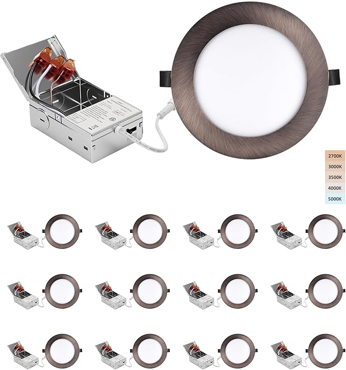6-inch LED Recessed Light - Slim Recessed Ceiling Light with Junction Box, 12W 5CCT Canless Lighting fixture, Dimmable, Easy Install for Bedroom, Kitchen, Living Room, 12 Pack Oil Rubbed Bronze