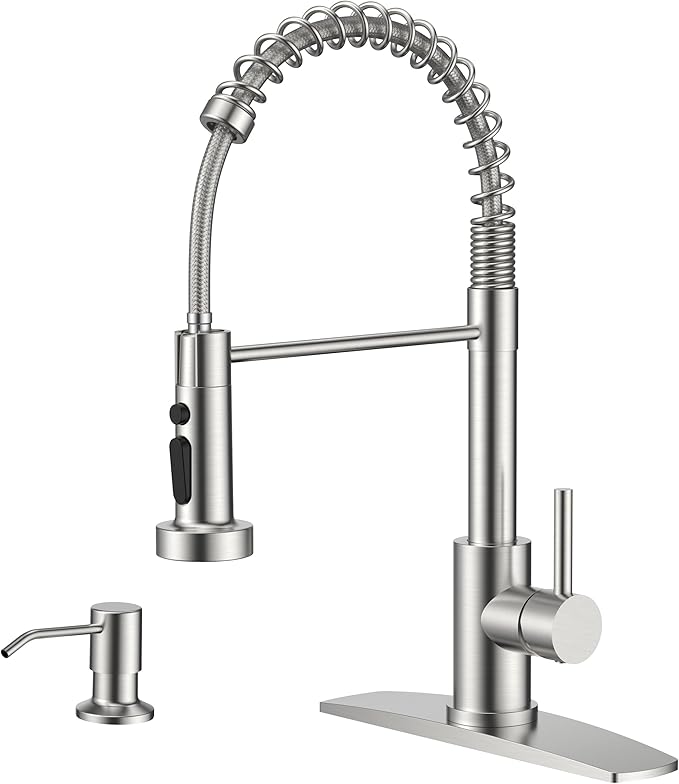 FORIOUS Kitchen Faucets with Sprayer, Stainless Steel Bar Sink Faucet Single Handle with Deck Plate, Commercial Pull Out Faucet for Kitchen Sink, Marine Boat Deck, Laundry Bar RV Camper