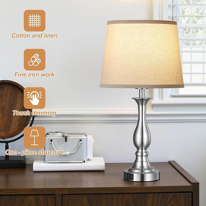 Bedside Table Lamp Touch Control Bedroom Lamps with USB-C USB-A Charging Port 3 Way Dimmable Touch Lamps for Nightstand Living Room Bedroom Dorm Home Office Reading, Set of 2