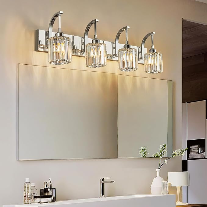4-Light Crystal Vanity Light, Modern Chrome Bathroom Wall Sconce with K9 Crystal Shades, 32.67" Long Over Mirror Lighting for Vanity, Makeup, Hallway, Elegant & Easy Install