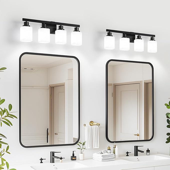4-Light Bathroom Vanity Light, Modern Matte Black Bathroom Light Fixtures with Square Frosted Glass, Wall Sconces fixtures Over Mirror Restroom,Living Room Hallway E26