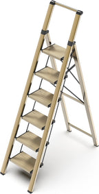 GameGem 6 Step Ladder for 12 Feet High Ceiling, Lightweight Aluminum Folding Step Stool with Convenient Handgrip, Stepladders with Anti-Slip and Wide Pedal for Home Use Space Saving - Gold