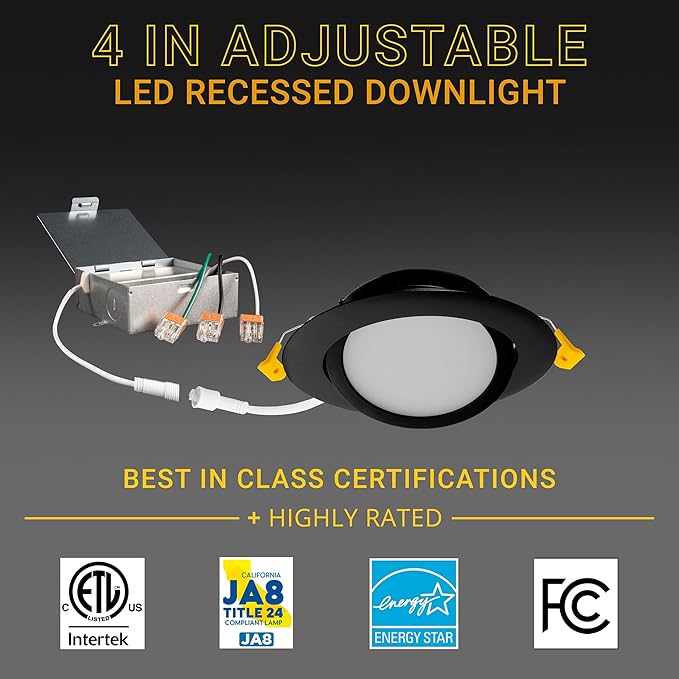 NUWATT Black 4 Inch Gimbal LED Recessed Lighting, 2700K/3000K/3500K/4000K/5000K Selectable, 630LM, Dimmable, Damp Rated, Adjustable Lens Canless Lights for Sloped Ceiling, Metal Junction Box, 6 Pack