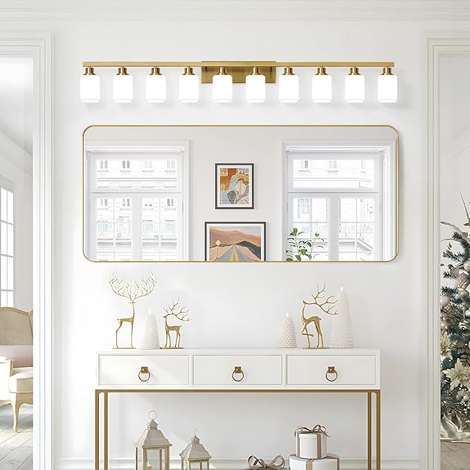 Gold Bathroom Vanity Light,10-Light Brushed Gold Bathroom Light Fixtures with Square Frosted Glass,64.5in Wall Lamp Sconces for Mirror Bedroom,Living Room Hallway,E26