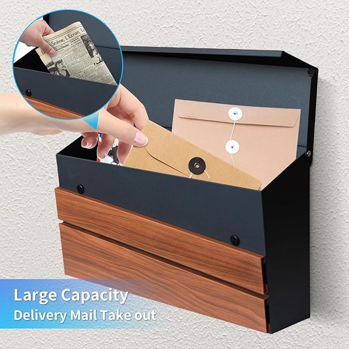 Wall-Mount Mailbox, Walnut Wood Panel, Rust Resistant Large Capacity House Mailbox, Morden Drop Mailboxes for Outside, Metal Post Box (No Keys Locking)