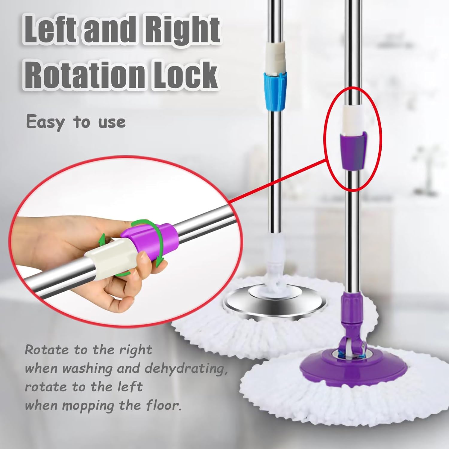 Spin Mop Replacement Mop Handle, 49-inch 360 Degrees Rotating Telescopic Replacement Mop Stick with Stainless Steel Disc for Spin Mop Bucket Cleaning System (Stainless Steel Disc, Purple)