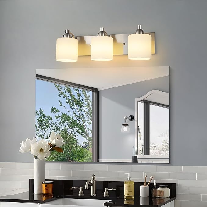 Stainless Steel Milk Glass Bathroom Vanity Light Over Mirror, 3 Light Brushed Nickel Bathroom Light Fixtures with Frosted Glass, Modern Vanity Lighting Wall Mount
