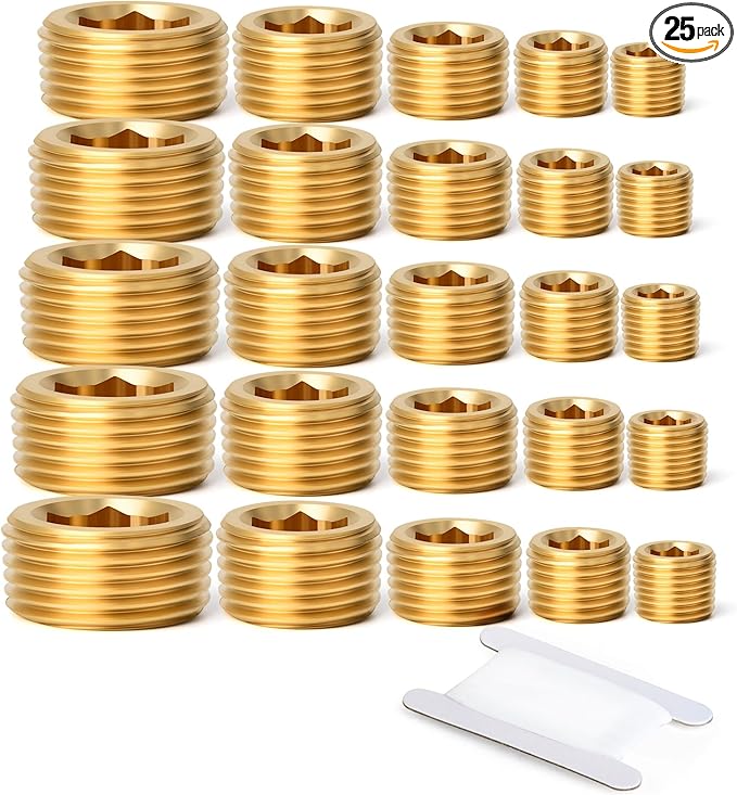 GASHER 25Pcs Brass Pipe Fitting,1/8" 1/4" 3/8" 1/2" 3/4" NPT Brass Internal Hex Thread Socket Pipe Plug Set