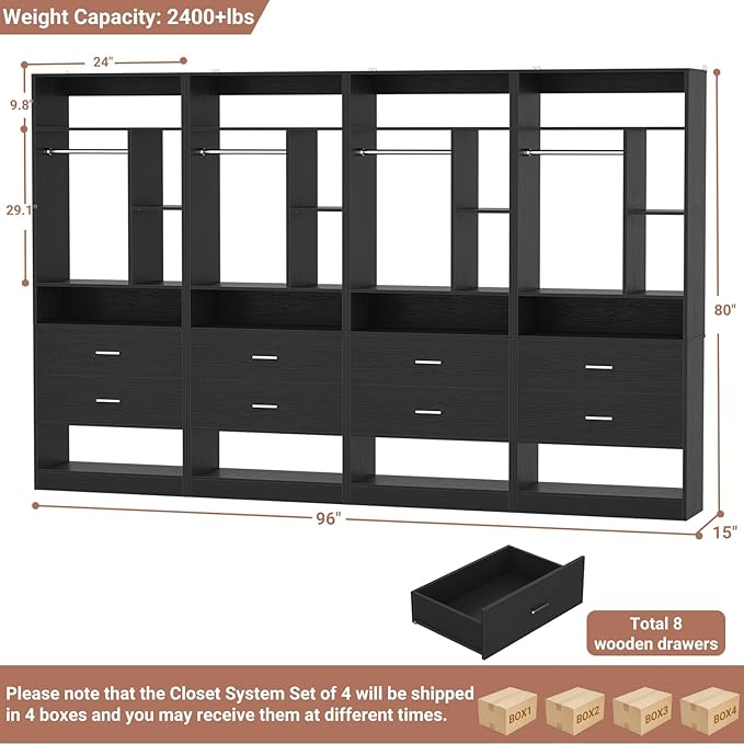 8FT Closet System with 8 Wood Drawers, 96" Closet Organizer System with 20+ Small Shelves & 2 Hanging Rods, Walk-in/Nursery Closet Systems, Set of 4, Black (96" L x 15" W x 80" H)