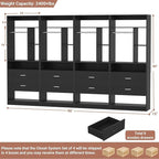 8FT Closet System with 8 Wood Drawers, 96" Closet Organizer System with 20+ Small Shelves & 2 Hanging Rods, Walk-in/Nursery Closet Systems, Set of 4, Black (96" L x 15" W x 80" H)