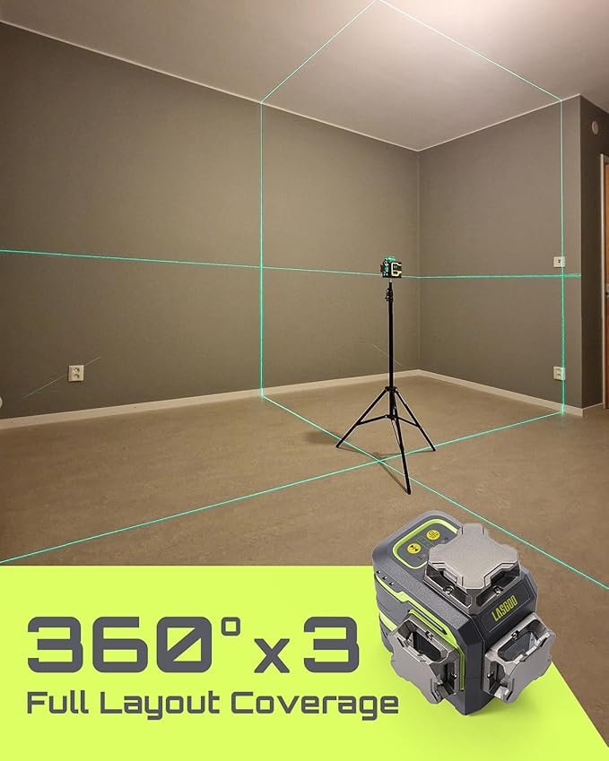 LasGoo LG-3DM Green Beam Laser Level, Self-Leveling 3x360° Cross Line Laser for Construction and Picture Hanging, 5200mAh Built-in Rechargeable Battery, Type-C Cable, Magnetic Rotating Stand Included