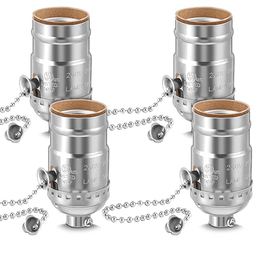 4 Pcs Pull Chain Lamp Socket Replacement, E26 Standard Threaded Base, Light Socket with Pull Chain, Lamp Parts for Repair (Silver)