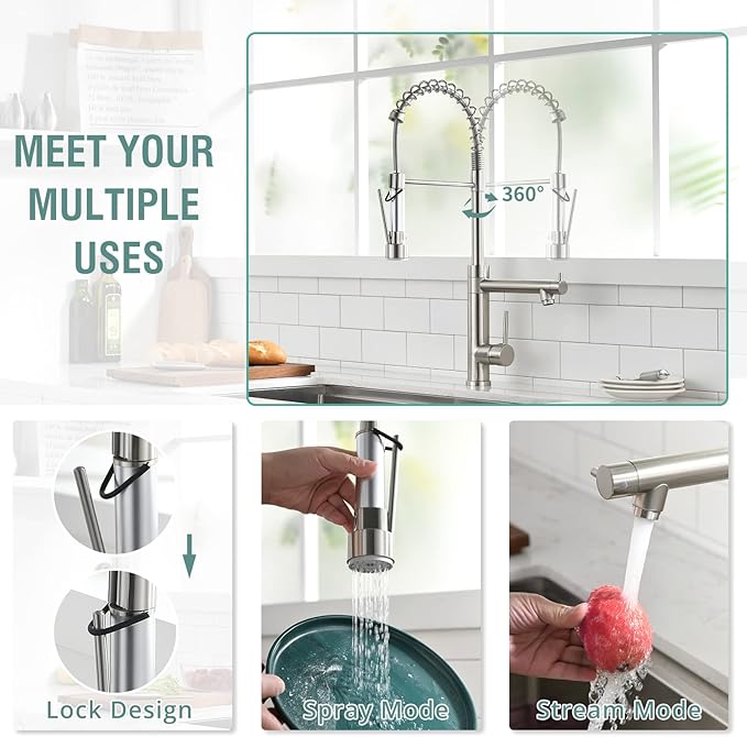 Fapully Commercial Kitchen Sink Faucet, Pull-Down Sprayer Kitchen Faucets Brushed Nickel