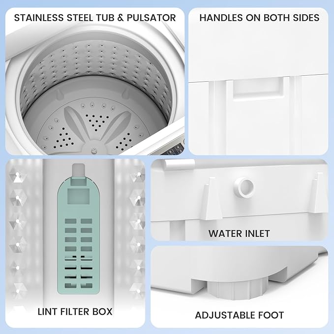 Zynkez 18lbs Portable Washing Machine, Fully Automatic Washing Machine with LED Display, 7 Wash Cycles, 26 Mins Quick Wash, Compact Clothes Washer with Drain Pump for Apartment, RV, Camp