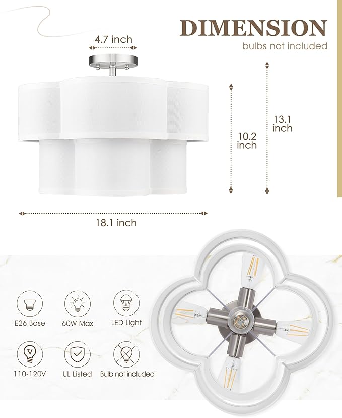 Semi Flush Mount Ceiling Lights, 5-Light 18" Ceiling Light Fixtures with Double Fabric Drum Shade in Quatrefoil Shape, Brushed Nickel Ceiling Light for Nursery Bedroom, AD-22007-5SF-SN