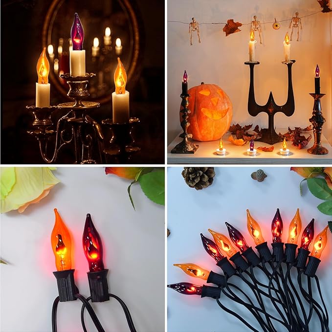 12 Pack Halloween Lights, C7 Clear Orange and Purple Flickering Flame Replacement Bulbs for String Lights Outdoor, E12 Base, Flame Bulbs for Halloween Indoor Outdoor Garden Patio Party Decorations