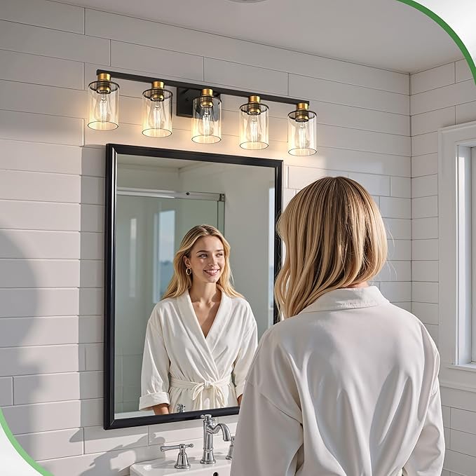 DORESshop Bathroom Light Fixtures, 5-Light Gold and Black Bathroom Lighting Fixtures Over Mirror with Clear Glass Shade, Vanity Lights for Hallway Living Room Bedroom