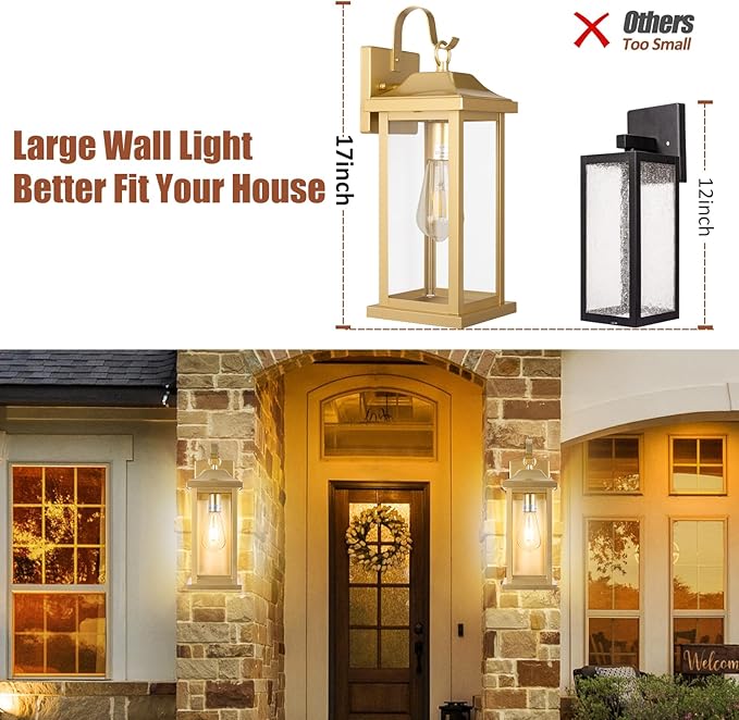 17 Inch Large Gold Outdoor Sconces Wall Lighting 2-Pack, Exterior Light Fixtures IP65 Waterproof Anti-Rust, Brass Porch Lights Clear Glass Outdoor Coach Lanterns Outside Wall Mounted Lamps