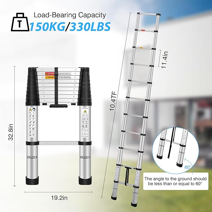 10.5 FT Aluminum Telescoping Ladders - One-Button Retraction Collapsible Extension Ladder for Home,RV,Attic & Loft, Lasts 330 LBS with Non-Slip Cushions