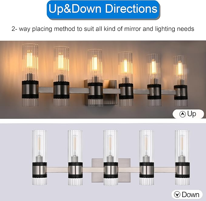 MELUCEE 5-Light Vanity Bathroom Lights, Modern Brushed Nickel Bathroom Light Fixtures Over Mirror with Ribbed Clear Glass Shade, Wall Mount Lamp for Bath Kitchen Bedroom Hallway, E12 Base