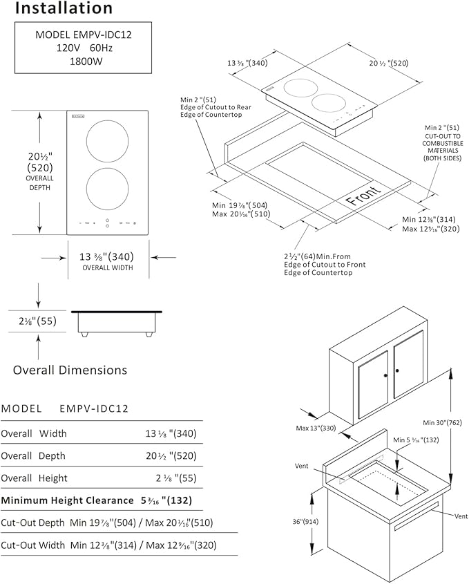 Empava Electric Stove Induction Cooktop Vertical with Dual Burners Vitro Smooth Surface 120V, 12 Inch, Black Ceramic Glass