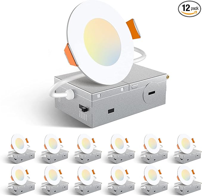 Amico 12 Pack 3 Inch 5CCT Ultra-Thin LED Recessed Ceiling Light with Junction Box, 2700K/3000K/3500K/4000K/5000K Selectable, 7W Eqv 60W, Dimmable Canless Wafer Downlight, 500LM High Brightness -ETL