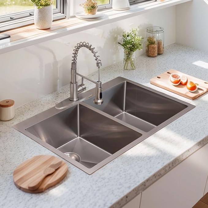 SHACO 33x22 Inch 50/50 Double Bowl Drop In Kitchen Sink 16 Gauge 33 Inch Stainless Steel Kitchen Sink Top Mount with Grid and Accessories