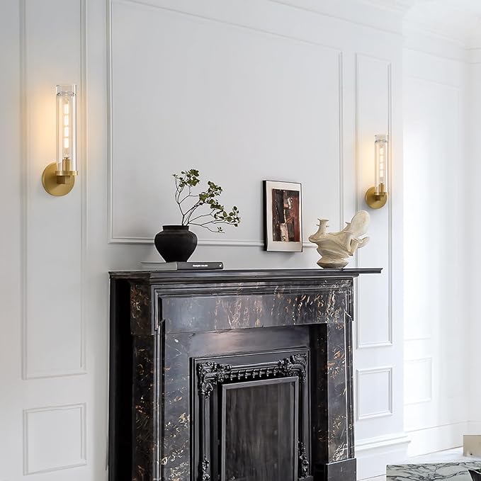 Modern Crystal Brass Gold Sconce: 14.5” Vintage Bathroom Sconce With Bulb - Clear Crystal Glass Tube Hardwired Mirror Vanity Light- Luxury Antique Indoor Brushed Gold Wall Lamp for Bedroom Living Room