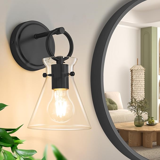 Wall Sconce for Bathroom Modern Vanity Light Fixtures Hardwired Wall Mount Lighting Lamp Farmhouse Wall Lights with 6" Clear Glass Shade for Bedroom Living Room Mirror Kitchen (Black, 1 Pack)