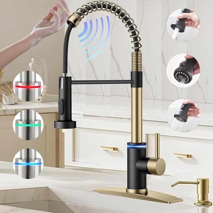 Smart Kitchen Faucet, 3 Modes Pull Down Sprayer, Touch On Sensor Activated, LED Temperature Control, 360-Degree Rotation, 1 or 3 Hole Deck Plate. 10-Year Warranty. (KW-66GR, Brushed Gold/Black)
