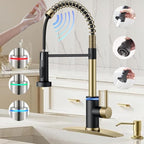Smart Kitchen Faucet, 3 Modes Pull Down Sprayer, Touch On Sensor Activated, LED Temperature Control, 360-Degree Rotation, 1 or 3 Hole Deck Plate. 10-Year Warranty. (KW-66GR, Brushed Gold/Black)