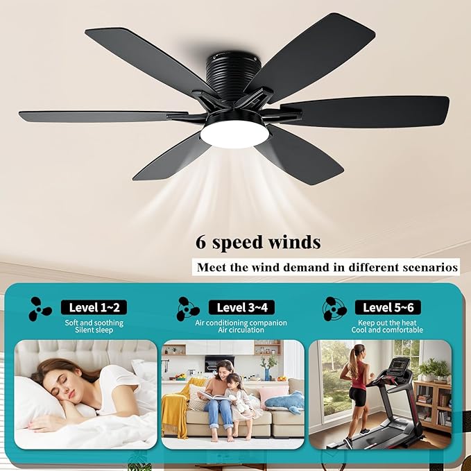 52inch Black Ceiling Fans with Lights and Remote/App Control, Low Profile Ceiling Fan with Light and 6 Double-Side blades, Flush Mount, LED/RGB Dimmable DC Reversible Modern Ceiling Fan for Bedroom