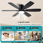 52inch Black Ceiling Fans with Lights and Remote/App Control, Low Profile Ceiling Fan with Light and 6 Double-Side blades, Flush Mount, LED/RGB Dimmable DC Reversible Modern Ceiling Fan for Bedroom