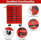 7 Drawers Rolling Tool Box on Wheels, Multifunctional Tool Chest Cabinet with Lock, Drawers Rolling Tool Cart Trolley Organizer Tool Storage Case for Warehouse,Garage,Workshop (Red)