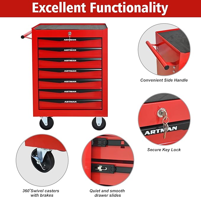 7 Drawers Rolling Tool Box on Wheels, Multifunctional Tool Chest Cabinet with Lock, Drawers Rolling Tool Cart Trolley Organizer Tool Storage Case for Warehouse,Garage,Workshop (Red)