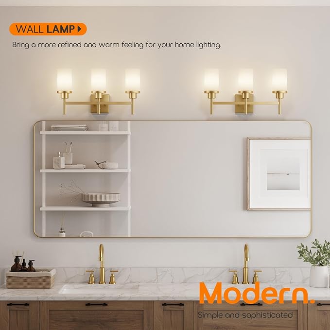 Bathrom Light Fixtures Modern Gold 3 Vanity Lights Over Mirror, Wall Lamps with White Frosted Glass Shade for Toilet Washroom Bath T001GD-L3