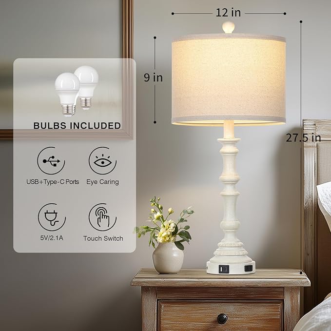 27.5" Tall Table Lamp for Living Room Set of 2, Vintage Farmhouse Table Lamps with USB C+A Ports, 3-Way Dimmable Touch Bedside Lamps, Tradition Bedroom Lamps for Nightstand Side End Table Desk, White