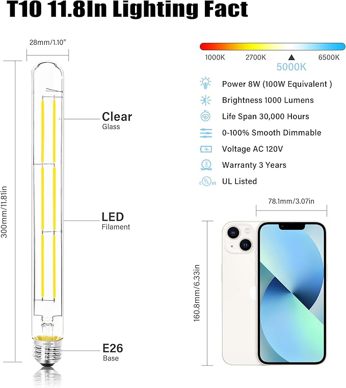 11.8IN 1000LM 5000K Daylight White Light Bulbs E26 Base, T10 T9 Edison Bulbs Dimmable 8W, AC 120V 100 Watt Equal Filament Bulb, Vintage Clear Glass Long Tubular LED Bulb, UL Listed - 4Pack