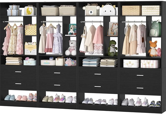 8FT Closet System with 8 Wood Drawers, 96" Closet Organizer System with 20+ Small Shelves & 2 Hanging Rods, Walk-in/Nursery Closet Systems, Set of 4, Black (96" L x 15" W x 80" H)