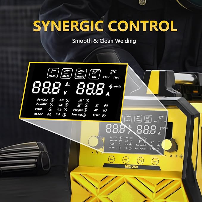 250A MIG Welder,5 in 1 Gas MIG/Gasless Flux Core/Stick/Lift TIG/Spot Welding/Spool Gun Compatible Aluminum Welding Machine Large LED Display 110V/220V Multi Process Welder